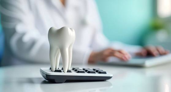 Tooth model sitting on top of calculator