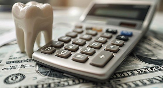 Tooth and calculator sitting on top of money